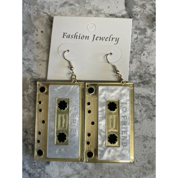Unbranded Jewelry - Cassette Tape Fashion Earrings 80s Gold White Hook Dangle Pierced NEW